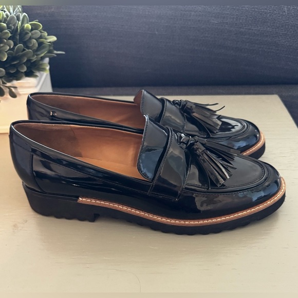 Franco Sarto Carolynn Tassel Loafer Black Patent Leather Lug Sole Slip On Sz 9M - Picture 4 of 10